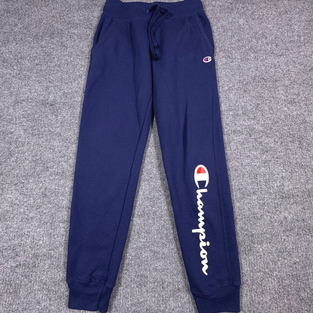 Champion Mens Navy Blue Fleece Joggers Script Logo Sweatpants Small‎